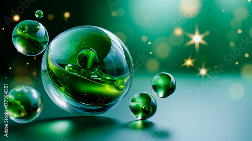 A digital artwork featuring a large green bubble with smaller green bubbles floating around it set against a green and blue background with sparkling lights