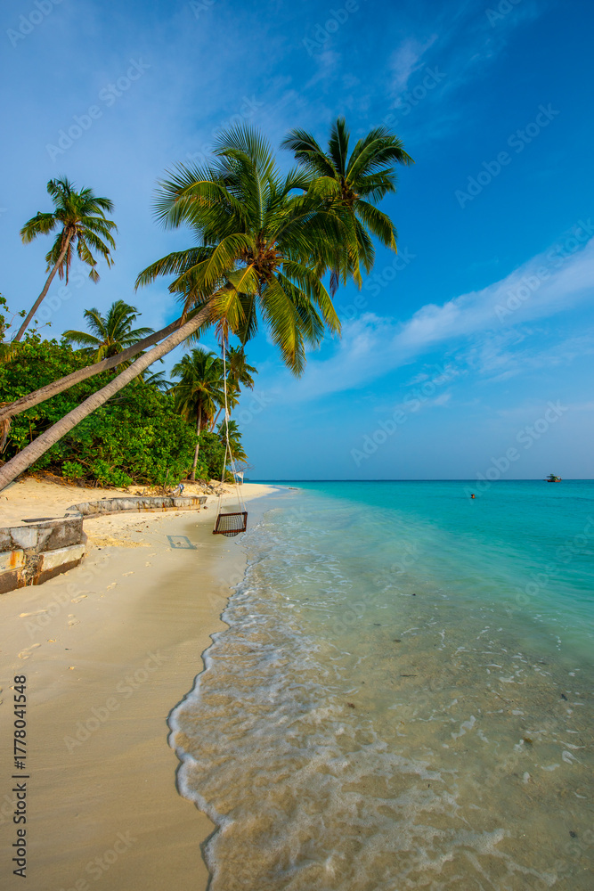 Fototapeta premium Tranquil closeup calm sea water waves with palm trees. Swing on the tree. Tropical island beach landscape exotic shore coast. Summer vacation, holiday amazing nature. Relax paradise, Maldives.