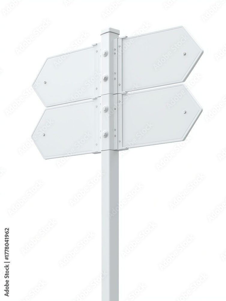 Obraz premium A clean white 3D directional sign pointing in multiple directions on a blank white background