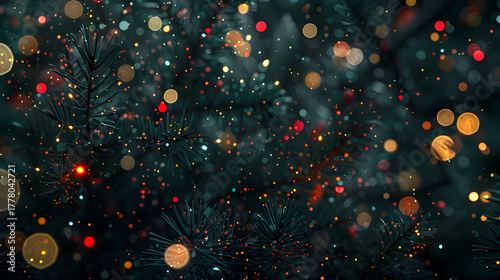 Festive Christmas tree background with colorful bokeh lights. Abstract dark winter holiday wallpaper with sparkling decorations