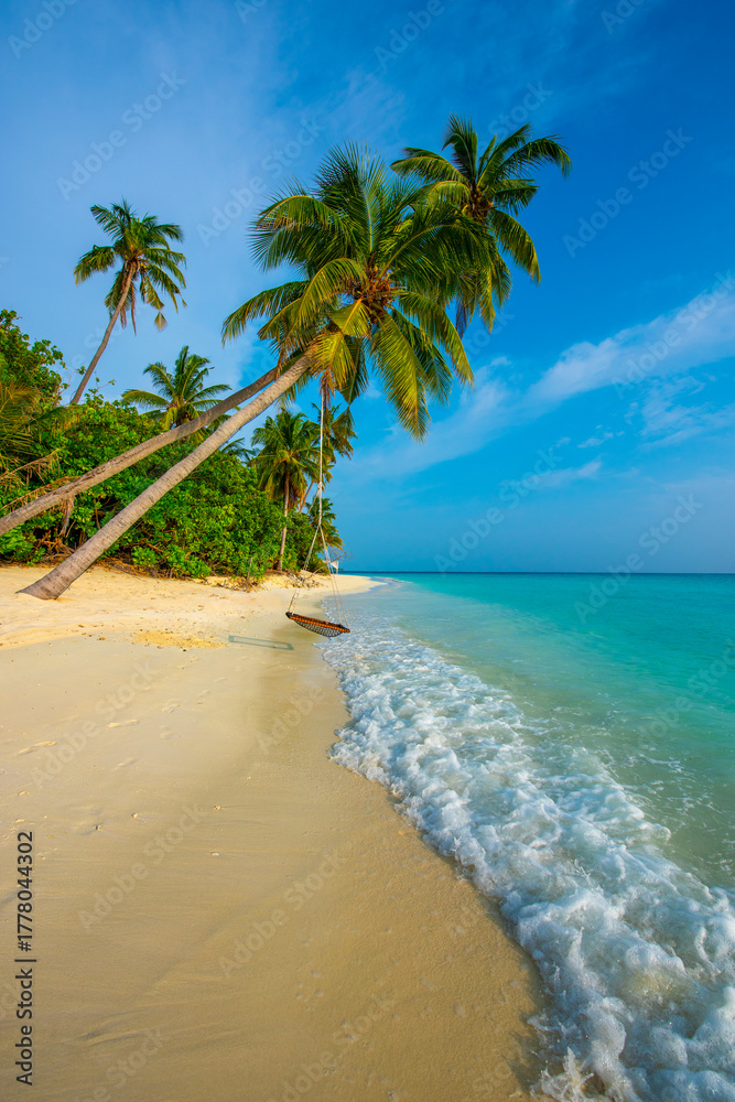Fototapeta premium Tranquil closeup calm sea water waves with palm trees. Swing on the tree. Tropical island beach landscape exotic shore coast. Summer vacation, holiday amazing nature. Relax paradise, Maldives.
