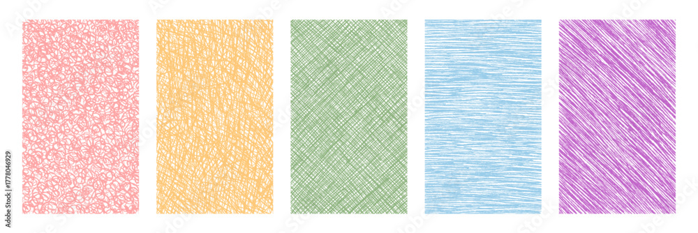 Fototapeta premium Pastel hand drawn rectangles with crayon sketch texture create an organic set background. Each colorful frame blends graphic and text elements in abstract form, suitable for template or note.