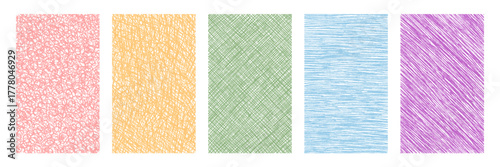 Pastel hand drawn rectangles with crayon sketch texture create an organic set background. Each colorful frame blends graphic and text elements in abstract form, suitable for template or note.