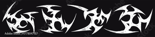 Black metal tribal shapes set, hand drawn sharp abstract symbols with rough texture on dark background.