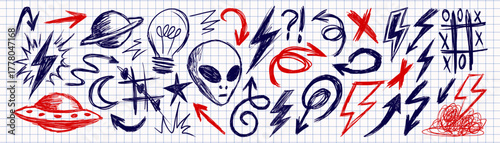 Red and blue pen doodle alien set, hand drawn UFOs, lightning bolts, planets, arrows, and sketch symbols on graph paper, chaotic notebook style illustration for collage and grunge design