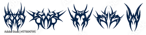 Tribal gothic tattoo set, grunge hand drawn dark symbols with sharp symmetrical shapes, vintage heavy metal and occult illustration.