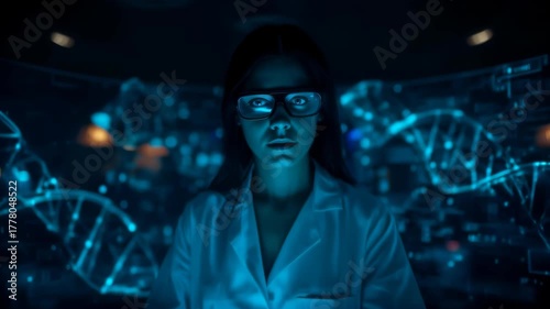 Focused Female Researcher in a White Coat and Glasses Analyzing Digital Dna Helixes in a Dark, Advanced Laboratory
