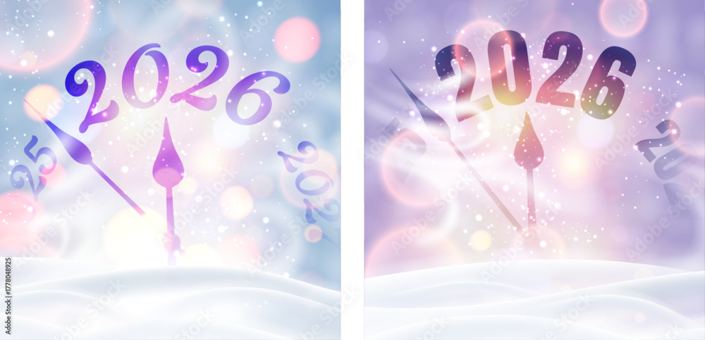 Fototapeta premium Two pastel-themed snowy clocks mark the New Year countdown to 2026. Gentle and festive. Vector illustration.