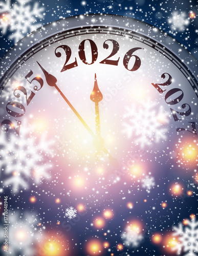 Clock with falling snow and glowing lights striking midnight for 2026. Vector illustration.