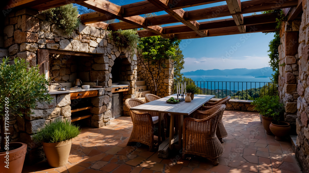 Obraz premium A stone patio with a table and chairs overlooking a scenic view of a lake and mountains