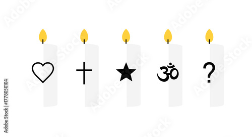 Diverse spiritual symbols illuminate faith and hope in minimalist vector design, perfect for peace and unity