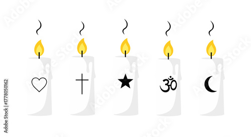 Diverse faith symbols glow on white candles offering hope, peace, and spiritual unity in vector format