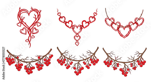Romantic heart flourishes and rowan berry branch design elements for Valentine's Day decoration