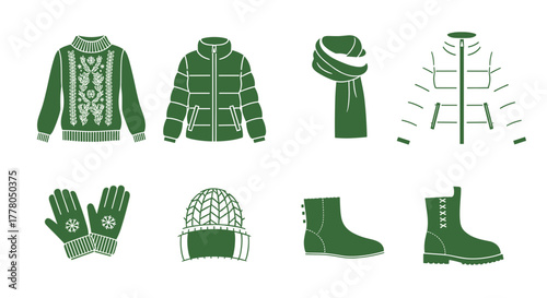 Winter wardrobe essentials collection: stylish knitwear, puffer jacket, and warm accessories for cold weather