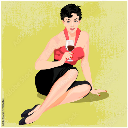 A girl with a glass of wine in a retro style