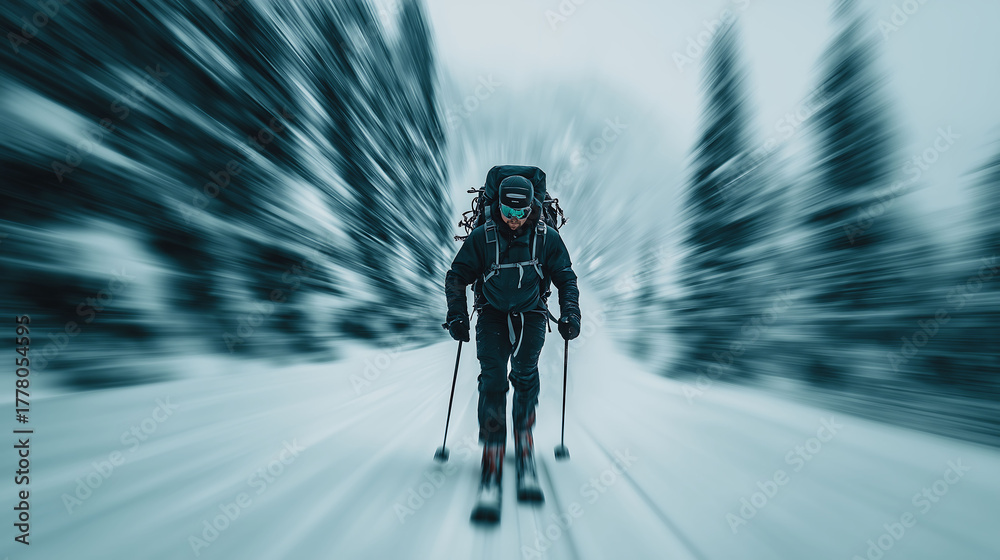 Naklejka premium Male skier in black ski gear skiing towards camera with motion blur background