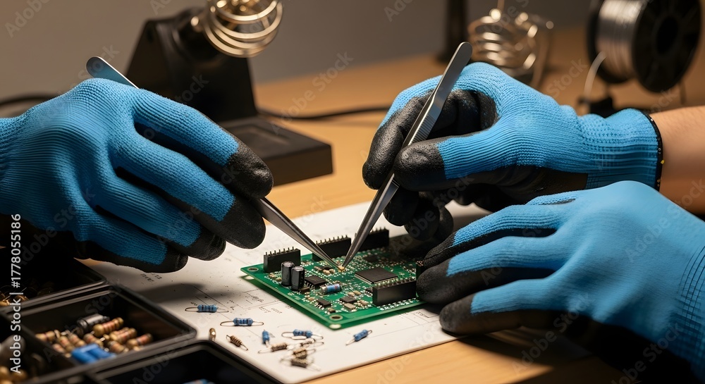 Fototapeta premium Two people in blue gloves meticulously assembling electronic components on a circuit board with tweezers.