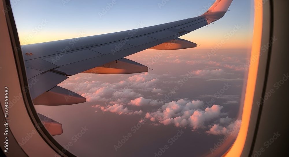 Obraz premium Breathtaking aerial view of clouds from airplane window at sunset, promising adventure and travel, perfect for wanderlust and inspirational travel campaigns
