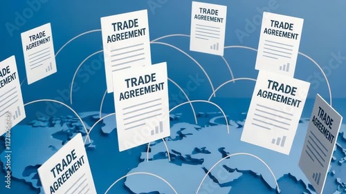 A visual representation of international trade agreements illustrated with documents over a world map.
