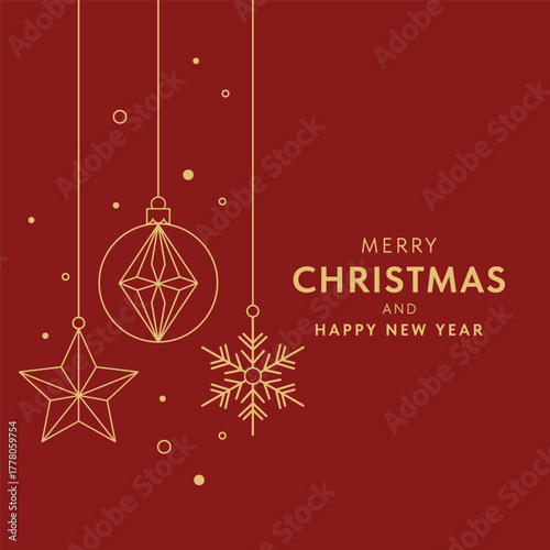 Luxury minimalist red and gold Christmas card template vector, elegant hanging ornaments line art for Merry Christmas and Happy New Year.