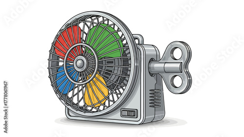 A colorful electric fan with a windup key attachment