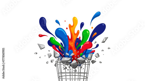 A colorful explosion of paint and rocks erupting from a wire basket