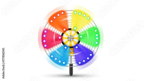 A colorful pinwheel with lights spins on a white background