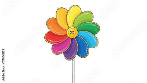 A colorful pinwheel with rainbowcolored petals and a button center