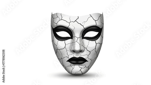 A cracked white mask with black eyes and lips on white background