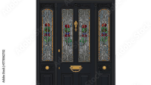 A dark gray double door with stained glass panels featuring floral designs