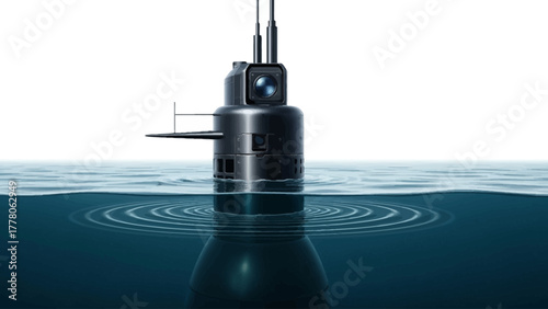 A dark submarine emerges from deep blue water with ripples