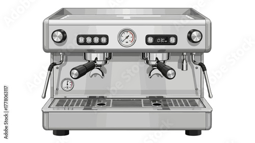 A detailed frontfacing pixelated illustration of a silver dualgroup espresso machine