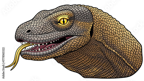 A detailed illustration of a Komodo dragons head