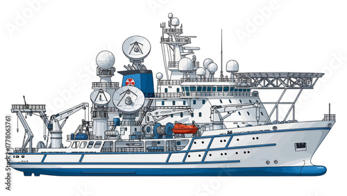 A detailed sideview illustration of a large white research vessel