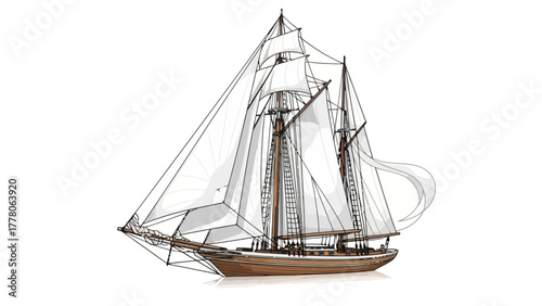 A digital drawing of a twomasted sailing ship with white sails