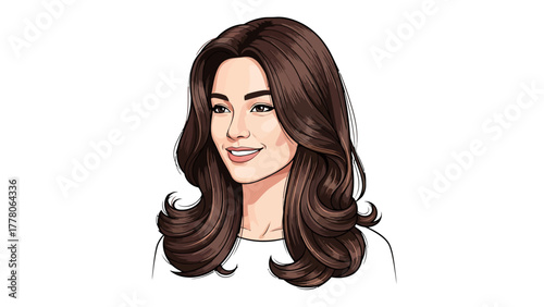 A digitally illustrated portrait of a woman with long wavy brown hair