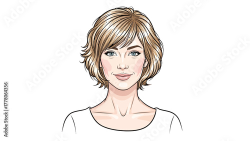 A drawing of a woman with short blonde wavy hair and blue eyes