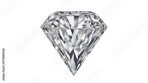 A faceted colorless diamond against a white background
