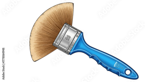 A fanshaped paintbrush with a blue handle and silver ferrule