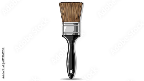 A flat paintbrush with a black handle and brown bristles on a white background
