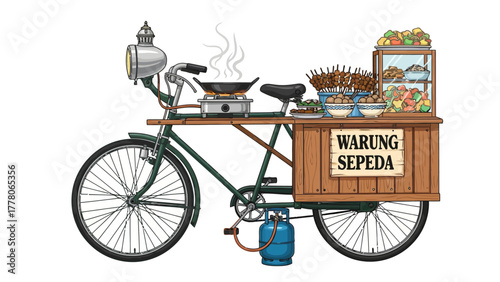 A food cart mounted on a bicycle with cooking equipment and food for sale