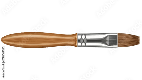 A flat paintbrush with a wooden handle and metal ferrule bristles are brown