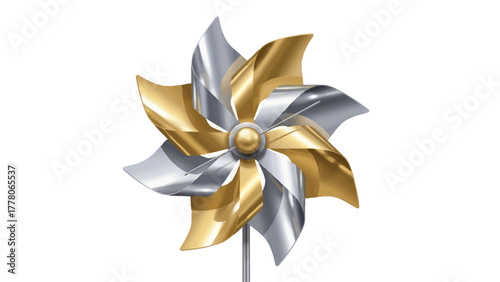 A gold and silver pinwheel with eight blades on a white background