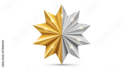 A gold and silver star ornament with sharp points and a reflective surface