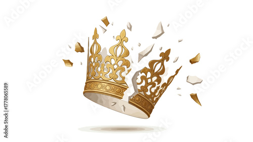 A golden crown is shattering with pieces flying away