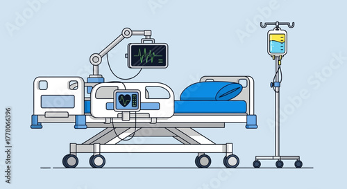 An illustration of a hospital bed with a monitor displaying a heartbeat, and an IV drip bag, all against a light blue background.