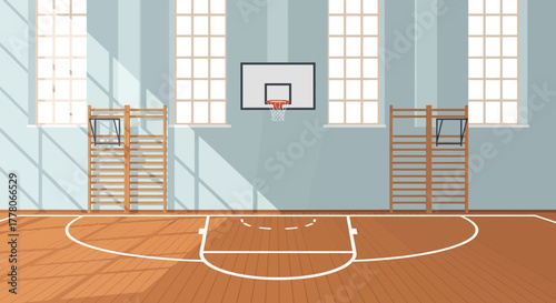 An empty gymnasium with a basketball hoop, wall bars, wooden floor, and light streaming through the windows.