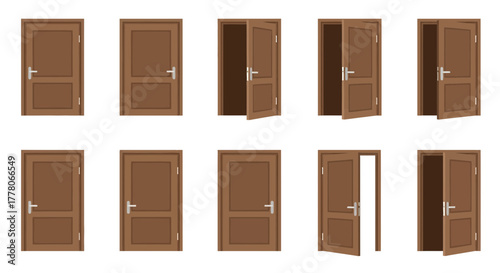 A collection of ten brown wooden doors in various states of opening, from fully closed to partially ajar, presented against a white background.
