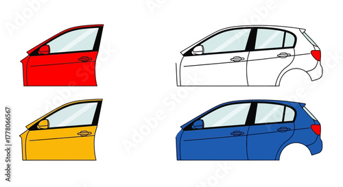 Four car side profiles in red, yellow, white outline, and blue, showing body styles and door designs.
