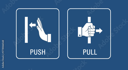 Illustration showing "Push" and "Pull" door signs, with hand gestures indicating the correct action, set against a blue background.